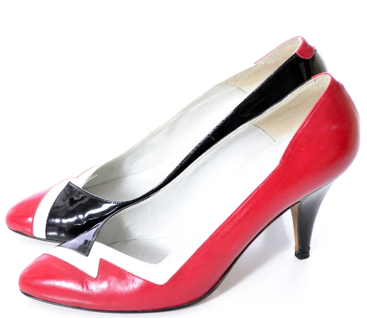 1980s Andrew Geller Red Black and White Patent Leather Shoes 8.5 AA