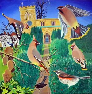 Angels in St Giles - a painting of waxwings in Oxford