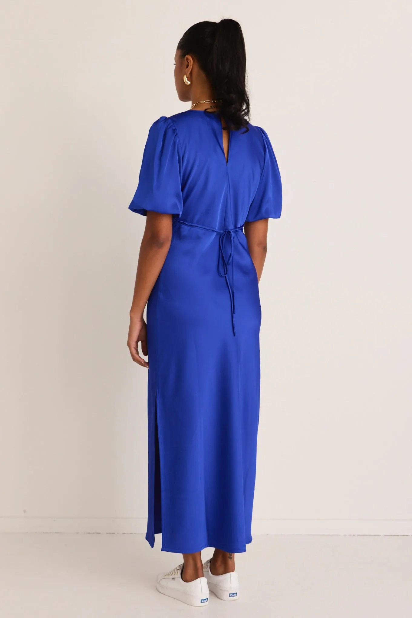 Aura Electric Blue Puff Sleeve Bias Maxi Dress