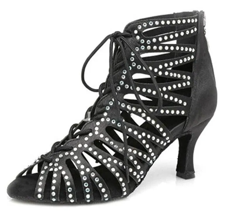 Black Satin Rhinestone Ballroom Dance Shoes Latin Salsa Dance Booties