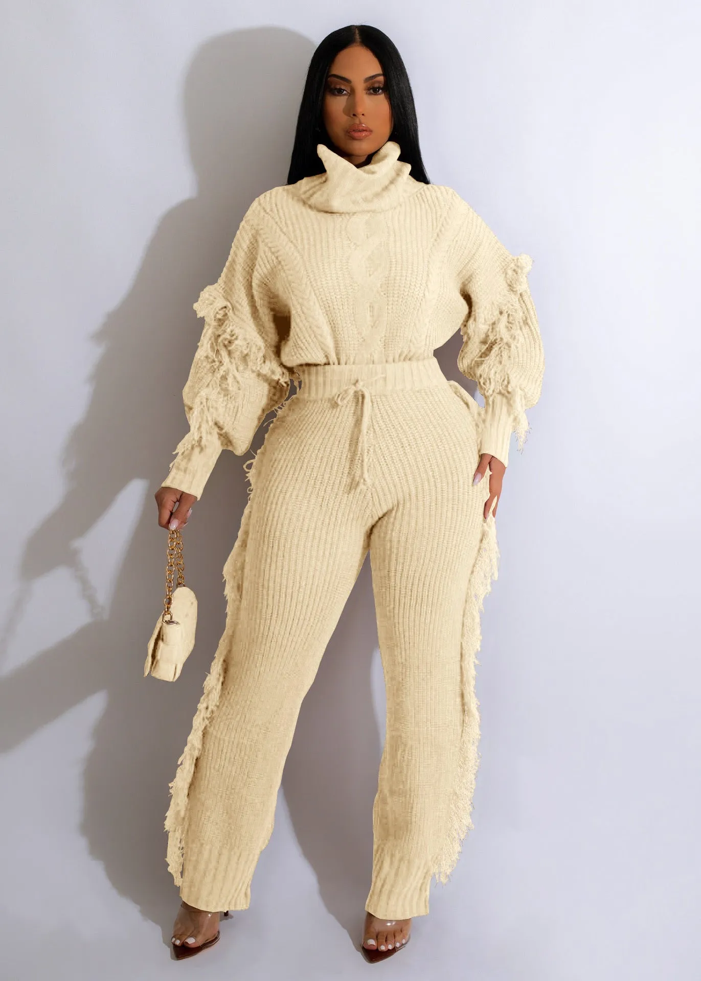 casual  knitting long sleeve high collar tassel suit AY2562