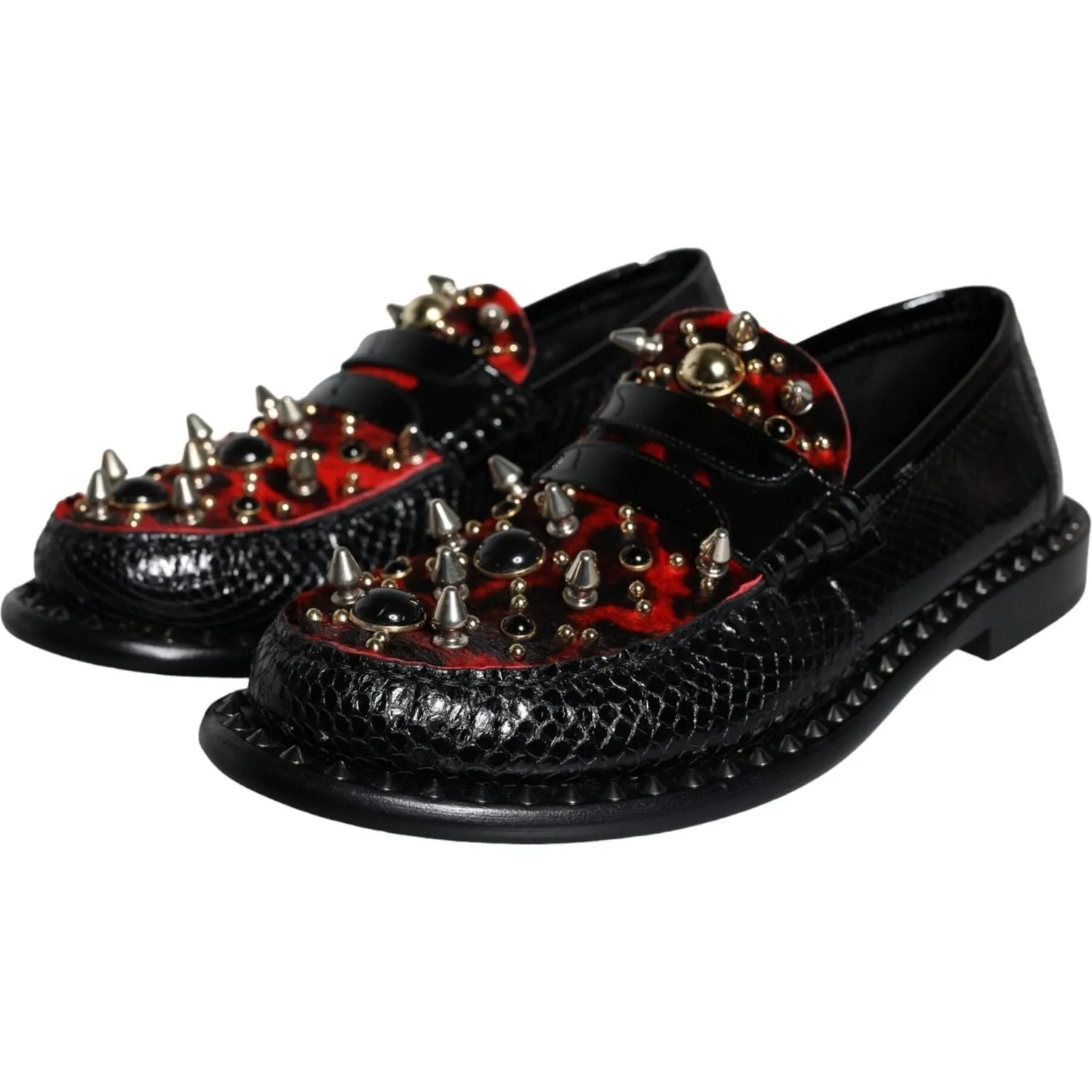 Dolce & Gabbana Black Leopard Print Studs Leather Loafers Shoes