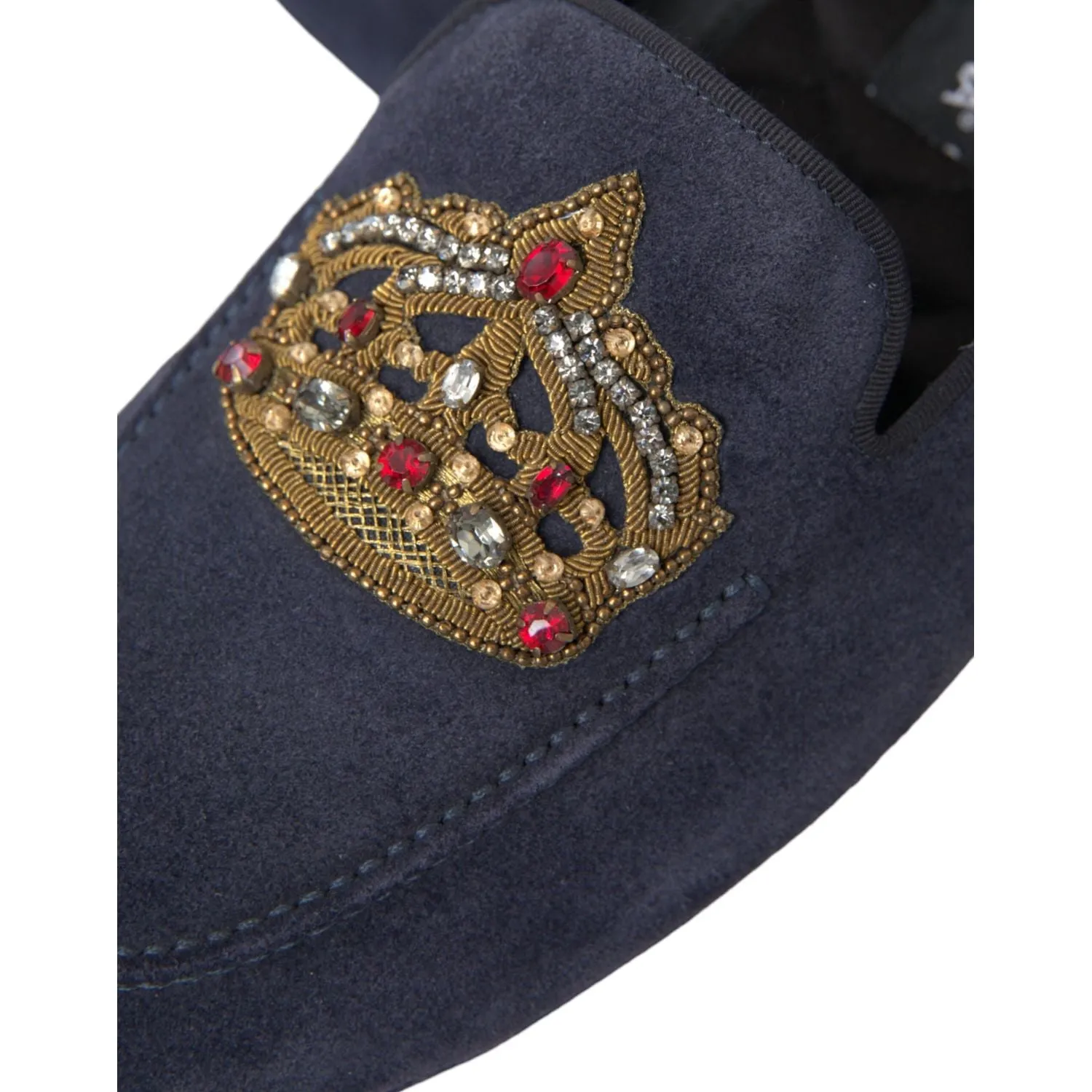 Dolce & Gabbana Blue Leather Suede Crystal Crown Loafers Shoes