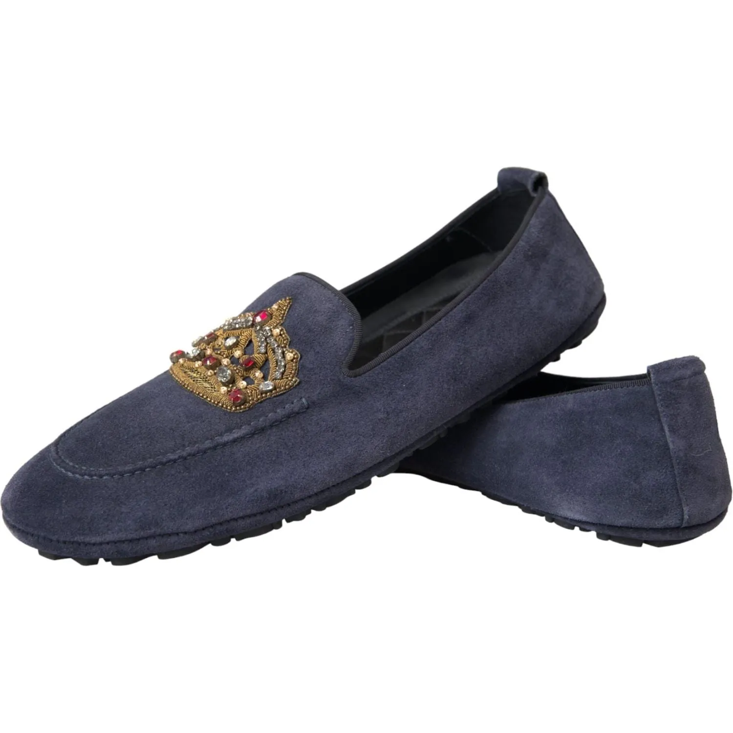 Dolce & Gabbana Blue Leather Suede Crystal Crown Loafers Shoes