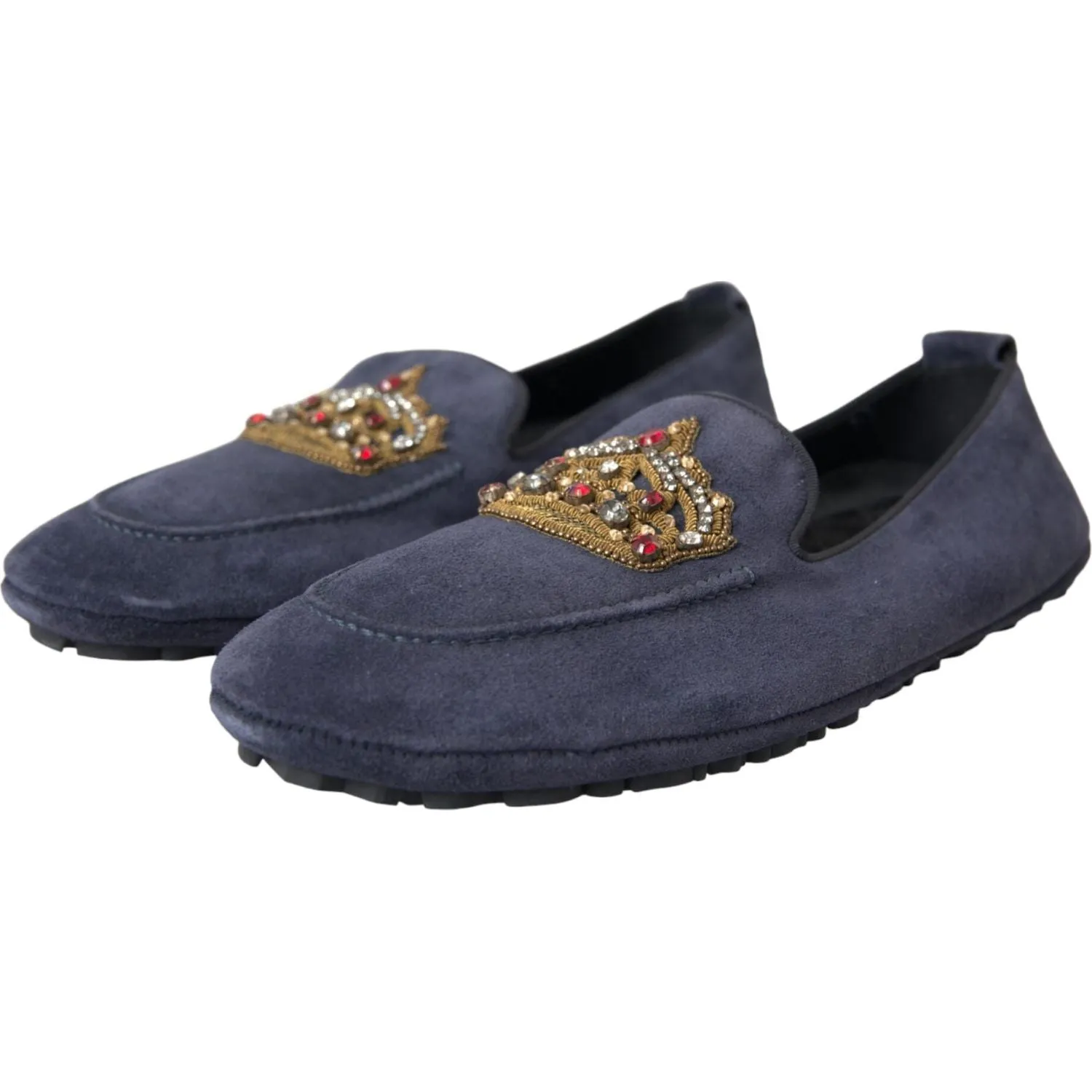 Dolce & Gabbana Blue Leather Suede Crystal Crown Loafers Shoes