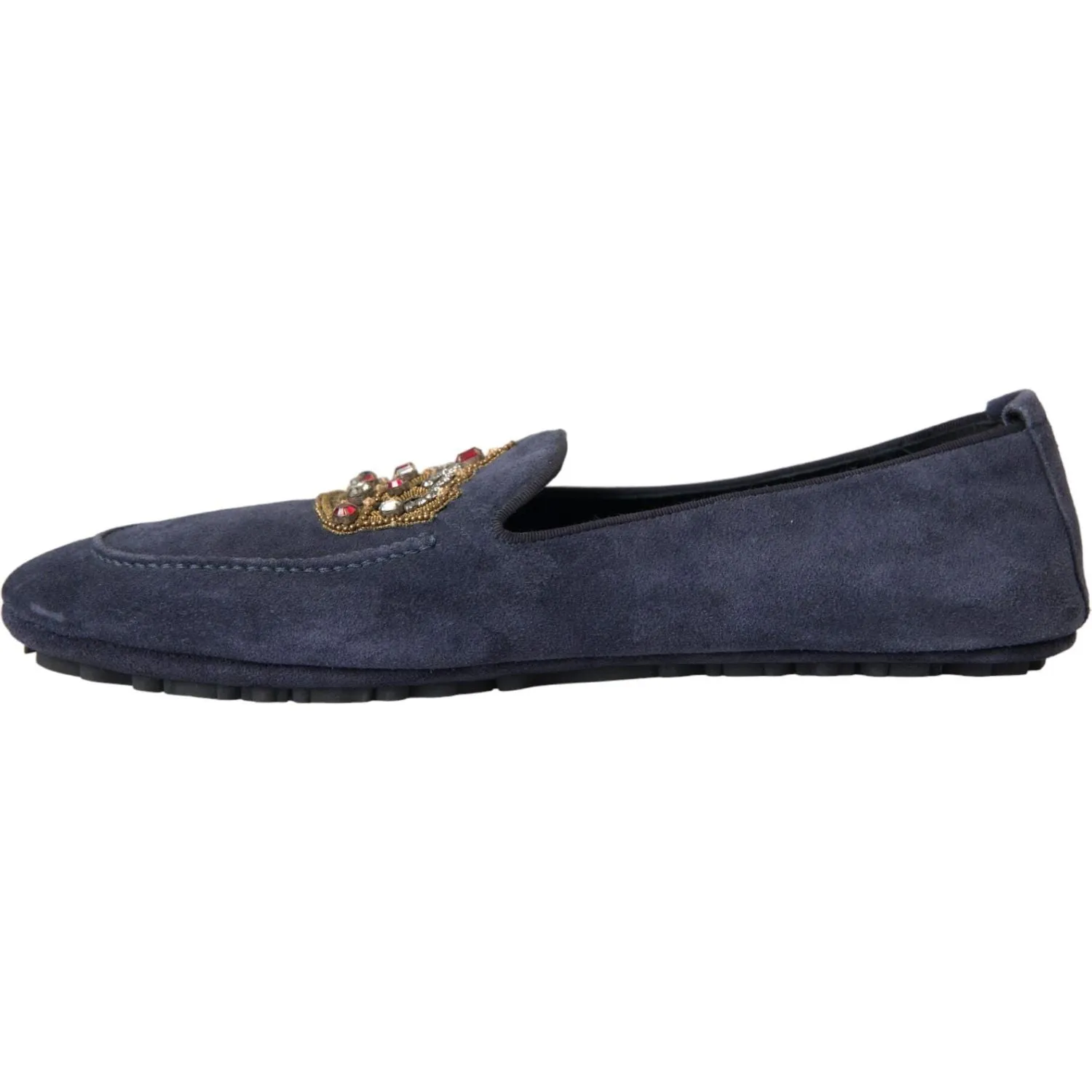 Dolce & Gabbana Blue Leather Suede Crystal Crown Loafers Shoes