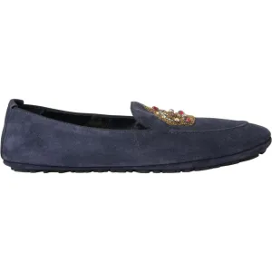 Dolce & Gabbana Blue Leather Suede Crystal Crown Loafers Shoes