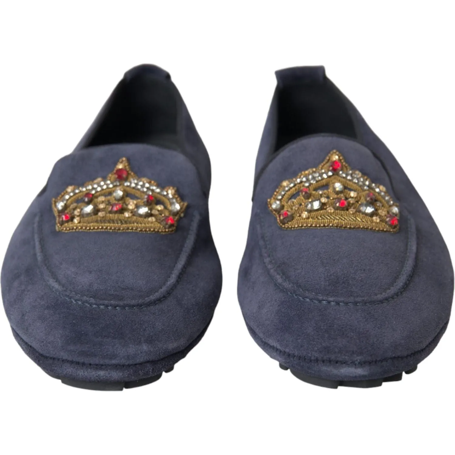 Dolce & Gabbana Blue Leather Suede Crystal Crown Loafers Shoes