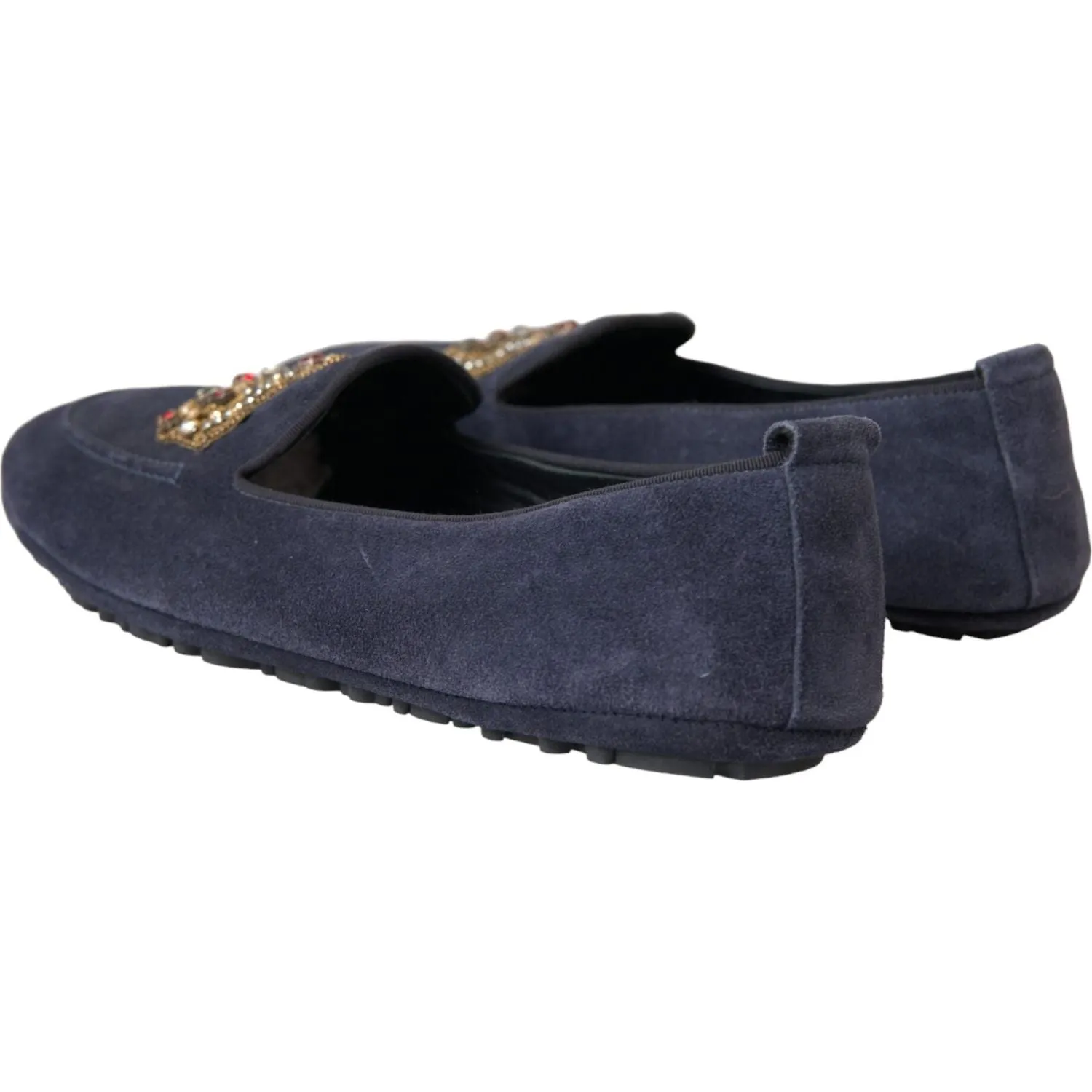 Dolce & Gabbana Blue Leather Suede Crystal Crown Loafers Shoes