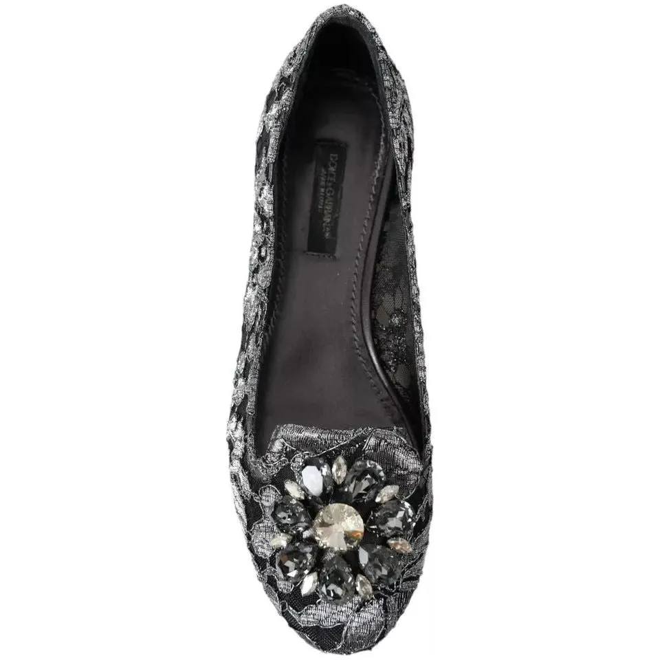 Dolce & Gabbana Gray Black Lace Crystal Ballet Loafers Shoes