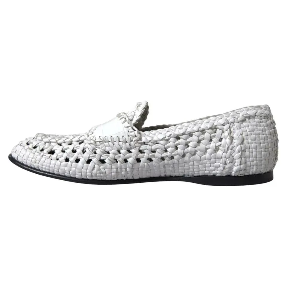 Dolce & Gabbana White Woven Leather Men Slip On Loafers Shoes