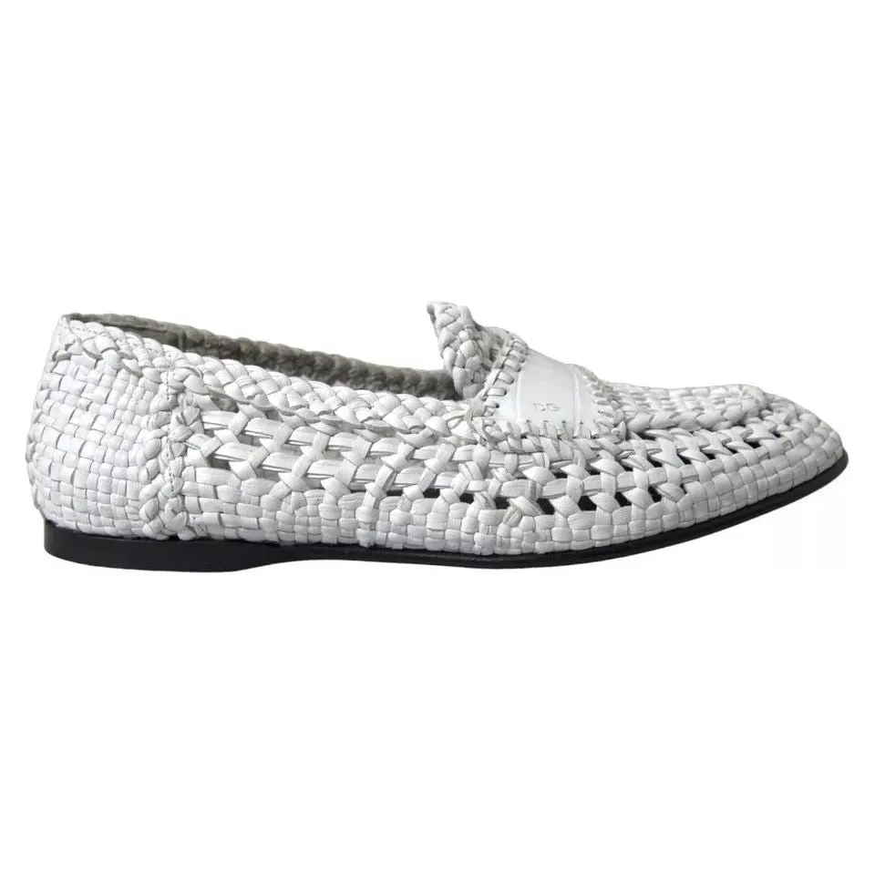 Dolce & Gabbana White Woven Leather Men Slip On Loafers Shoes