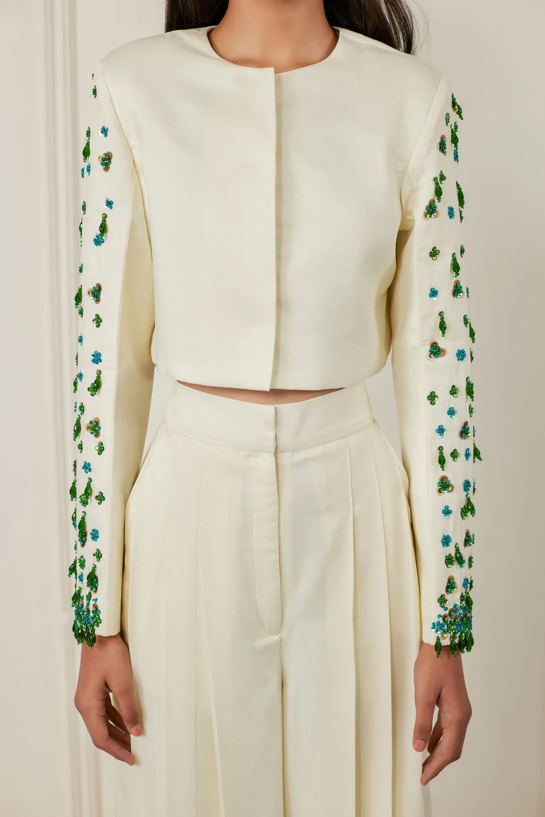 Embellished Jacket With Pleated Pants Co-ord