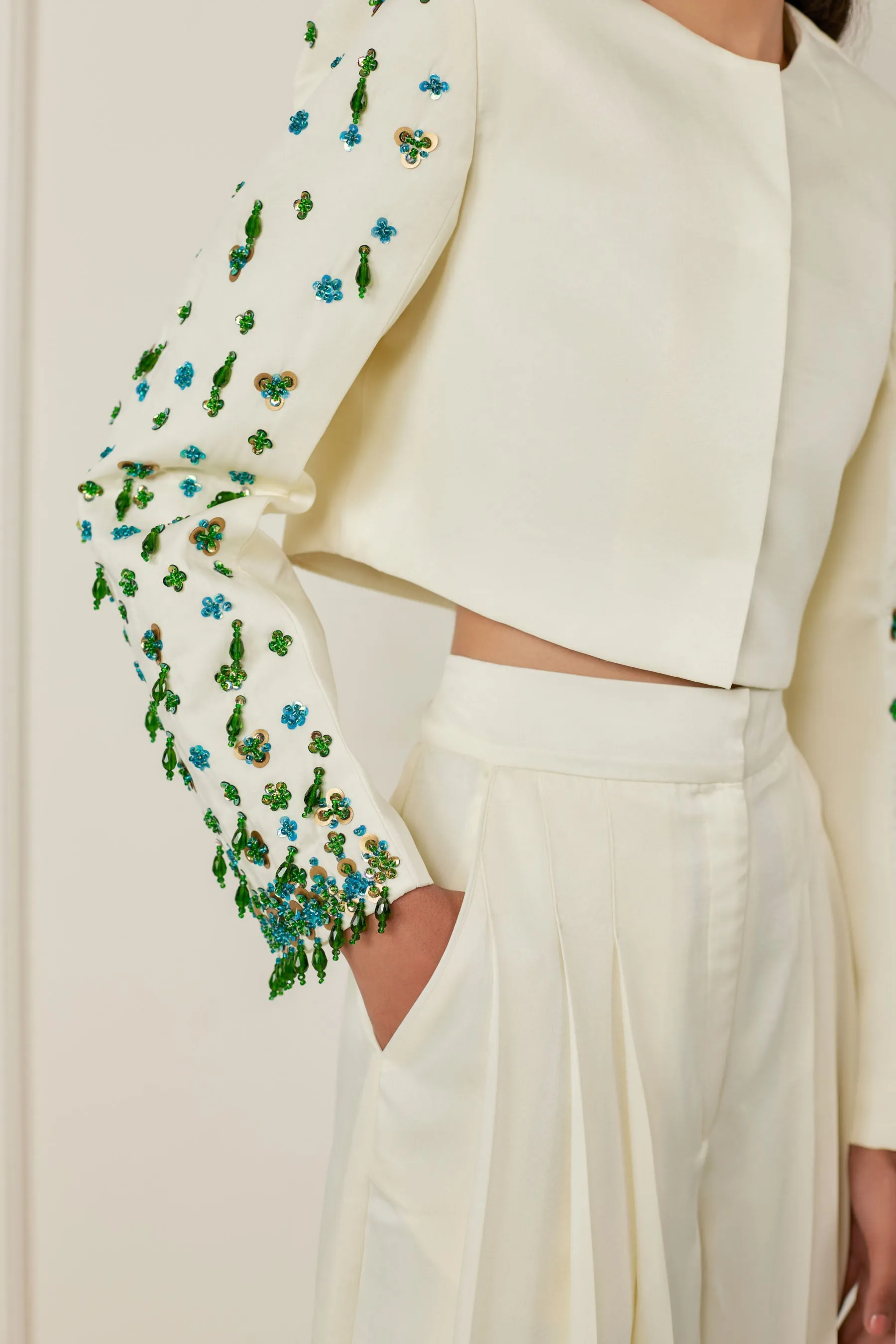 Embellished Jacket With Pleated Pants Co-ord