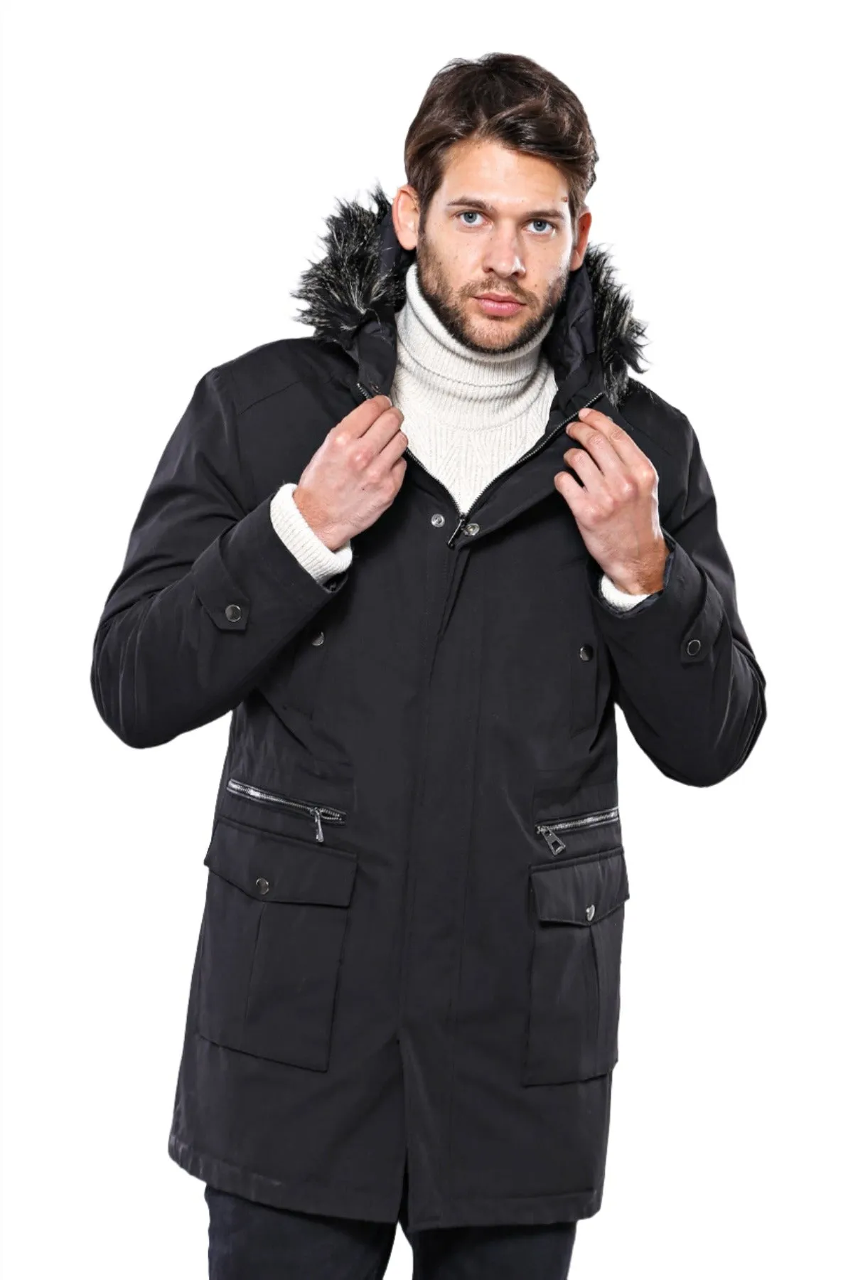 Fur Hooded Black Men Coat - Wessi