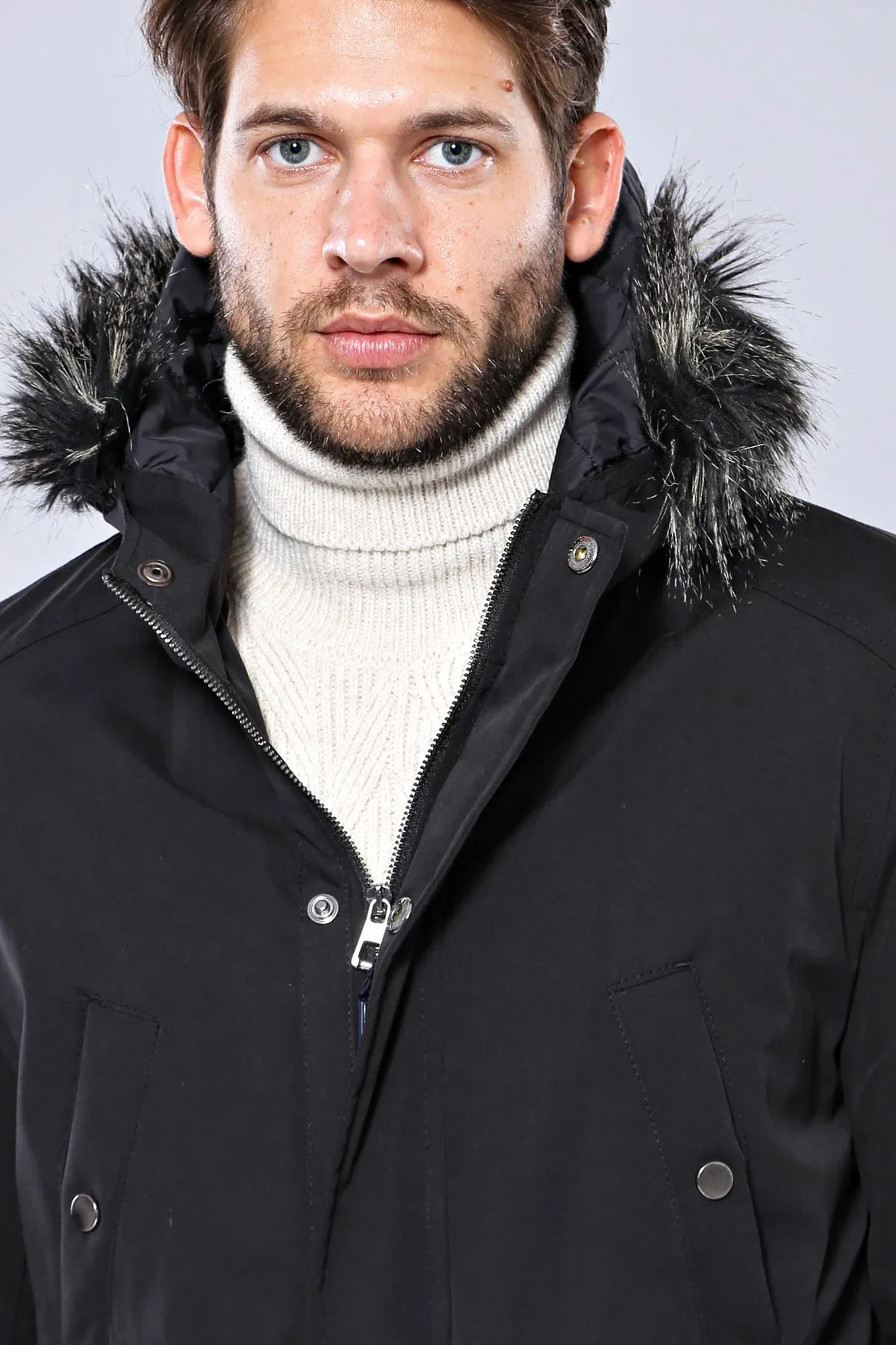 Fur Hooded Black Men Coat - Wessi