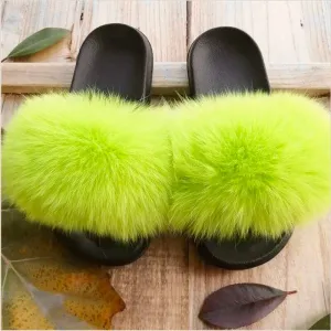 Lemon Lime Real Polar Fox Fur Slippers