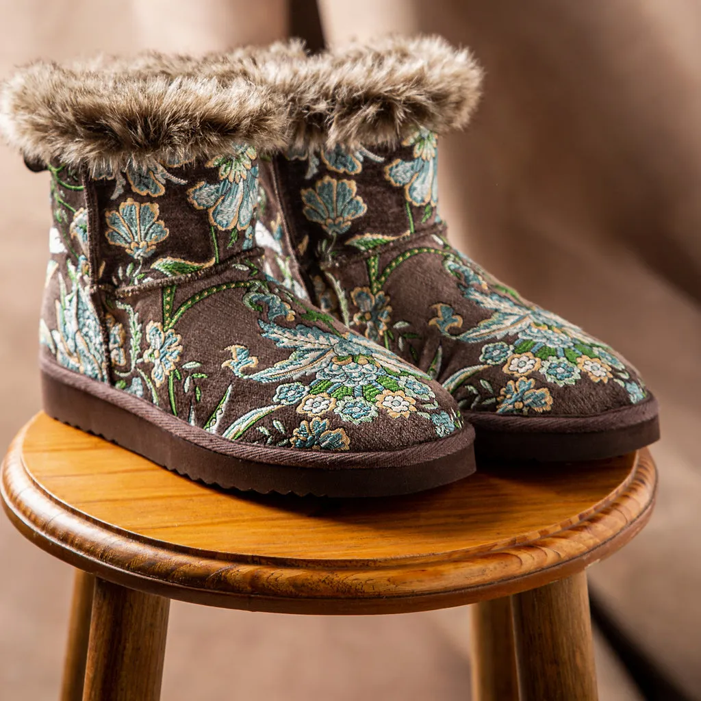 Saint Winifred Floral Embroidered Grey Fabric Snug Boots