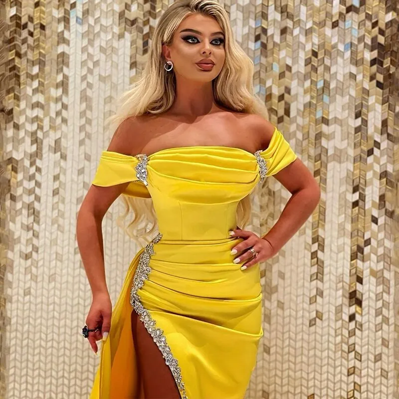 Sexy Prom Dresses Off Shoulder Beading High Split Evening Dress Saudi Arabia Mermaid Fashion  Cocktail Party Gowns