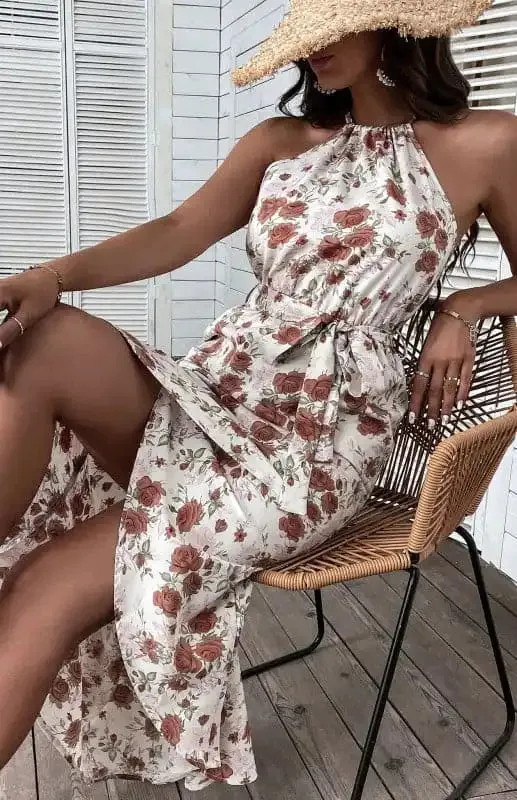 Women’s Seaside Resort Slip Dress Halter Floral Print White Dress