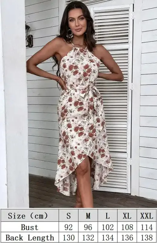 Women’s Seaside Resort Slip Dress Halter Floral Print White Dress