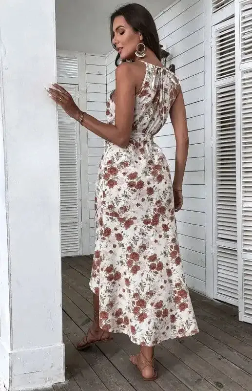 Women’s Seaside Resort Slip Dress Halter Floral Print White Dress