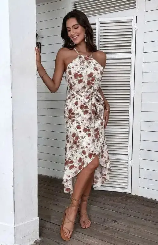 Women’s Seaside Resort Slip Dress Halter Floral Print White Dress